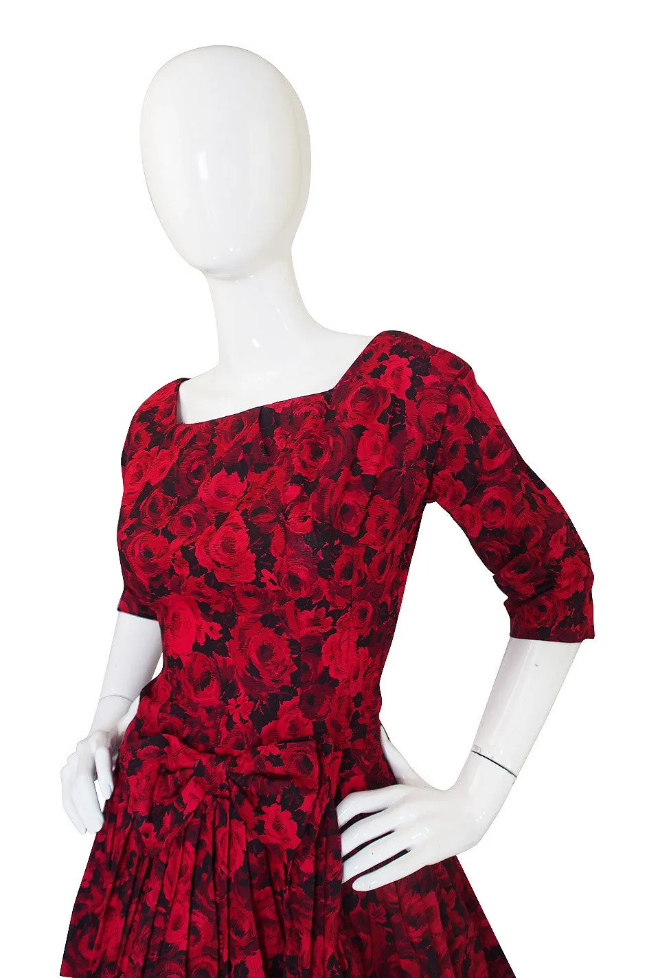 1960s Red Roses Pouf Skirt Cocktail Dress