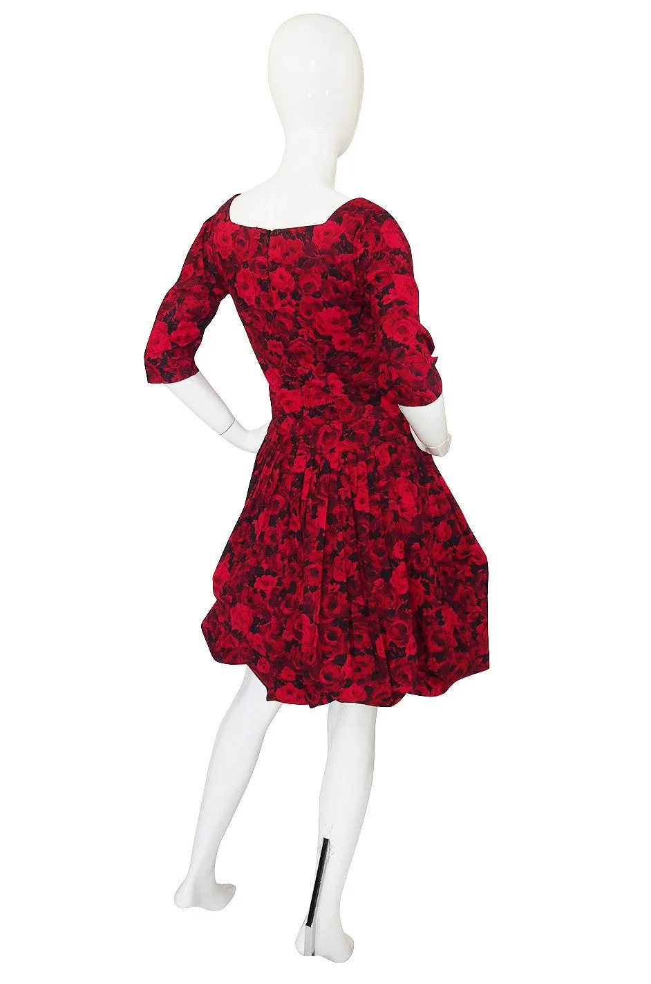 1960s Red Roses Pouf Skirt Cocktail Dress