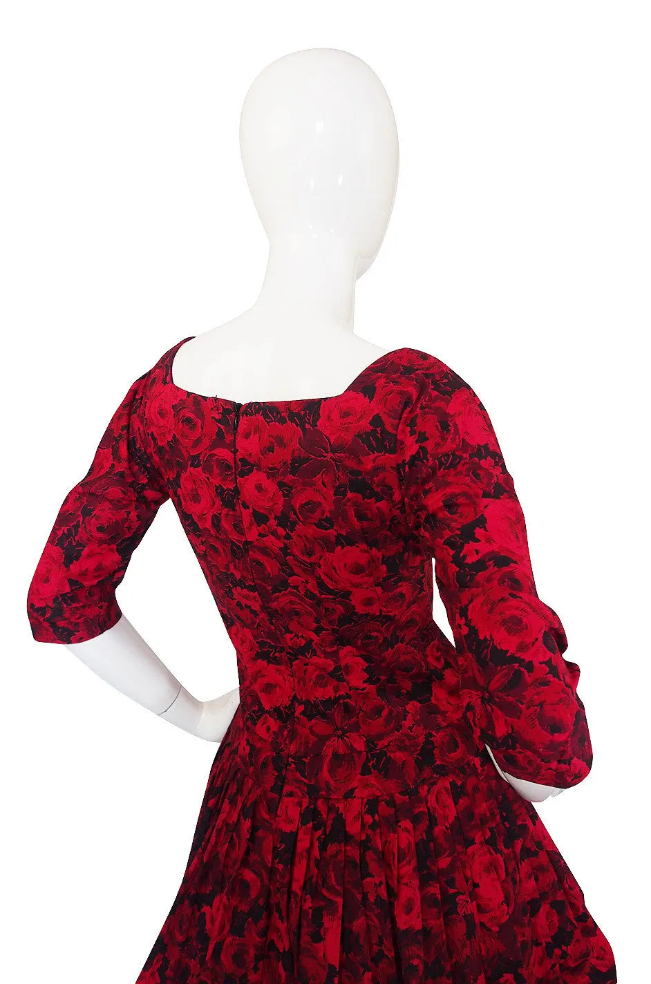 1960s Red Roses Pouf Skirt Cocktail Dress