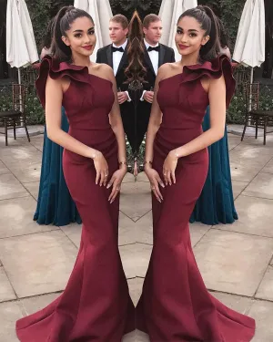 2018 Elegant Burgundy Prom Dresses Mermaid One Shoulder Flounced Sexy Evening Gowns Long