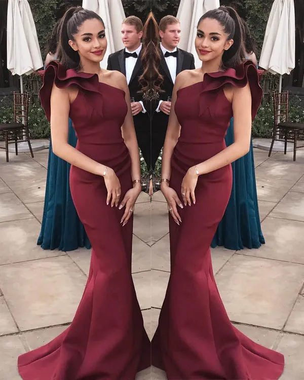 2018 Elegant Burgundy Prom Dresses Mermaid One Shoulder Flounced Sexy Evening Gowns Long
