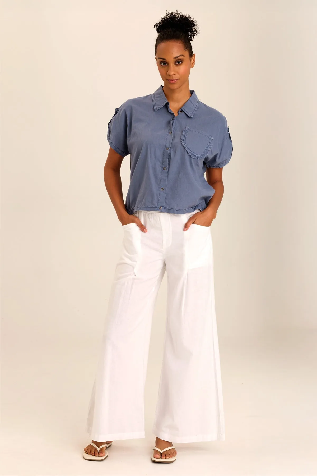Abner Linen/Jersey Button-Up Top