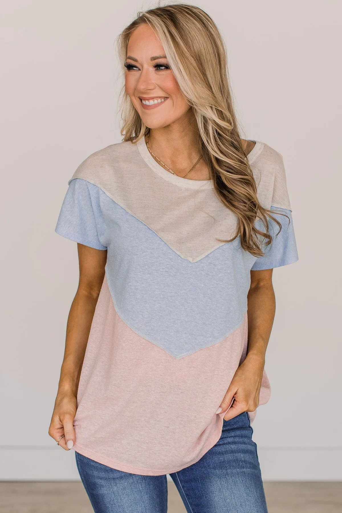 Already Yours Color Block Top- Light Coral & Blue