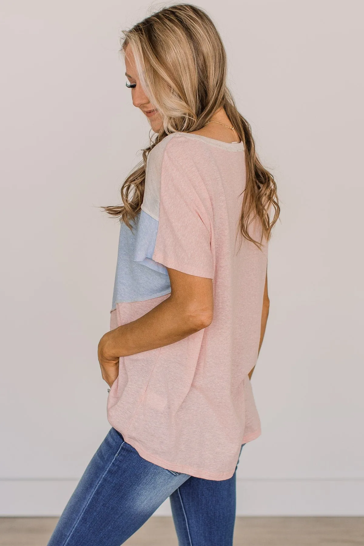 Already Yours Color Block Top- Light Coral & Blue