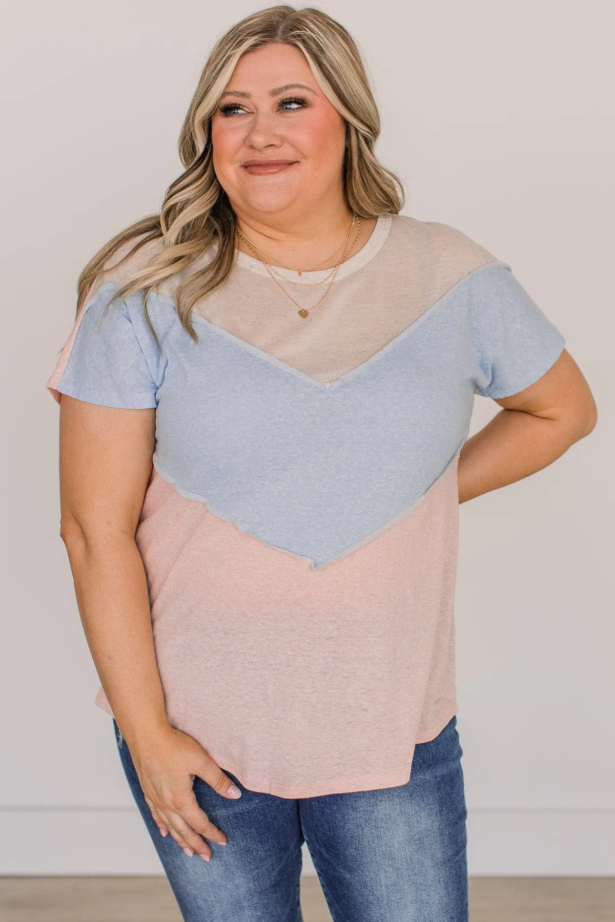 Already Yours Color Block Top- Light Coral & Blue