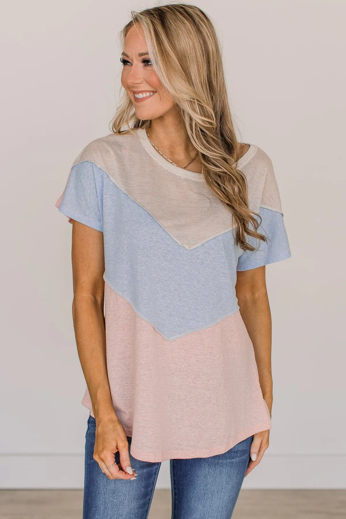 Already Yours Color Block Top- Light Coral & Blue