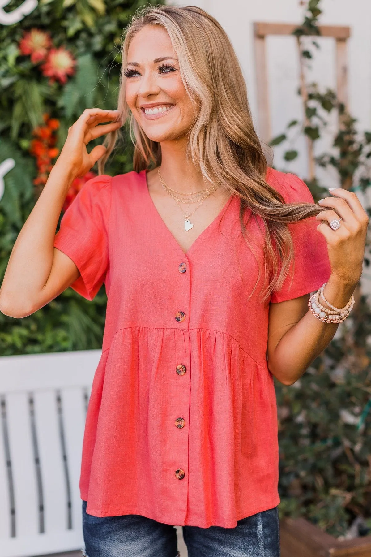 Always Confident Babydoll Button Top- Coral