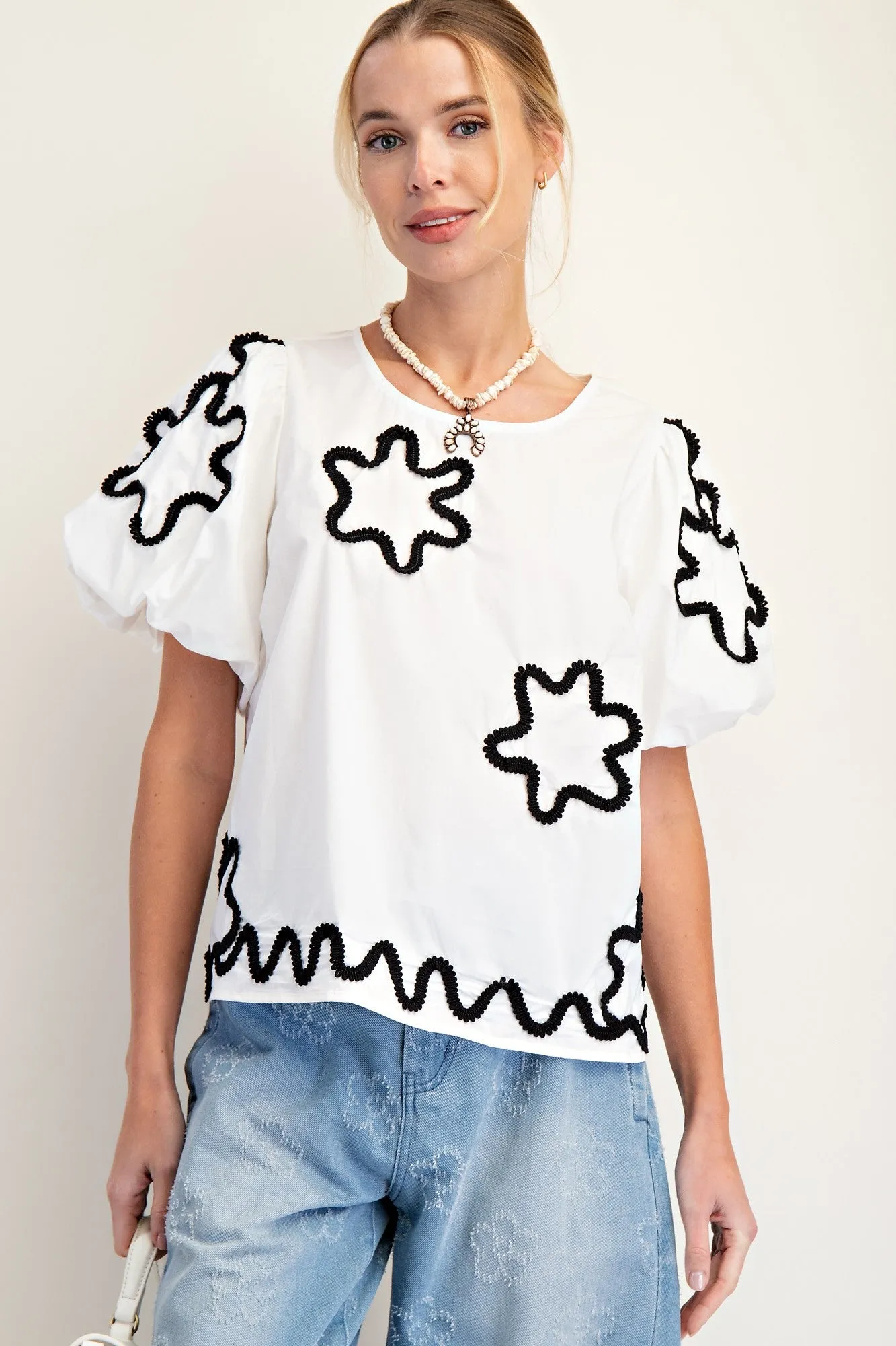 Aniston Flower Patch Cotton Poplin Top - White