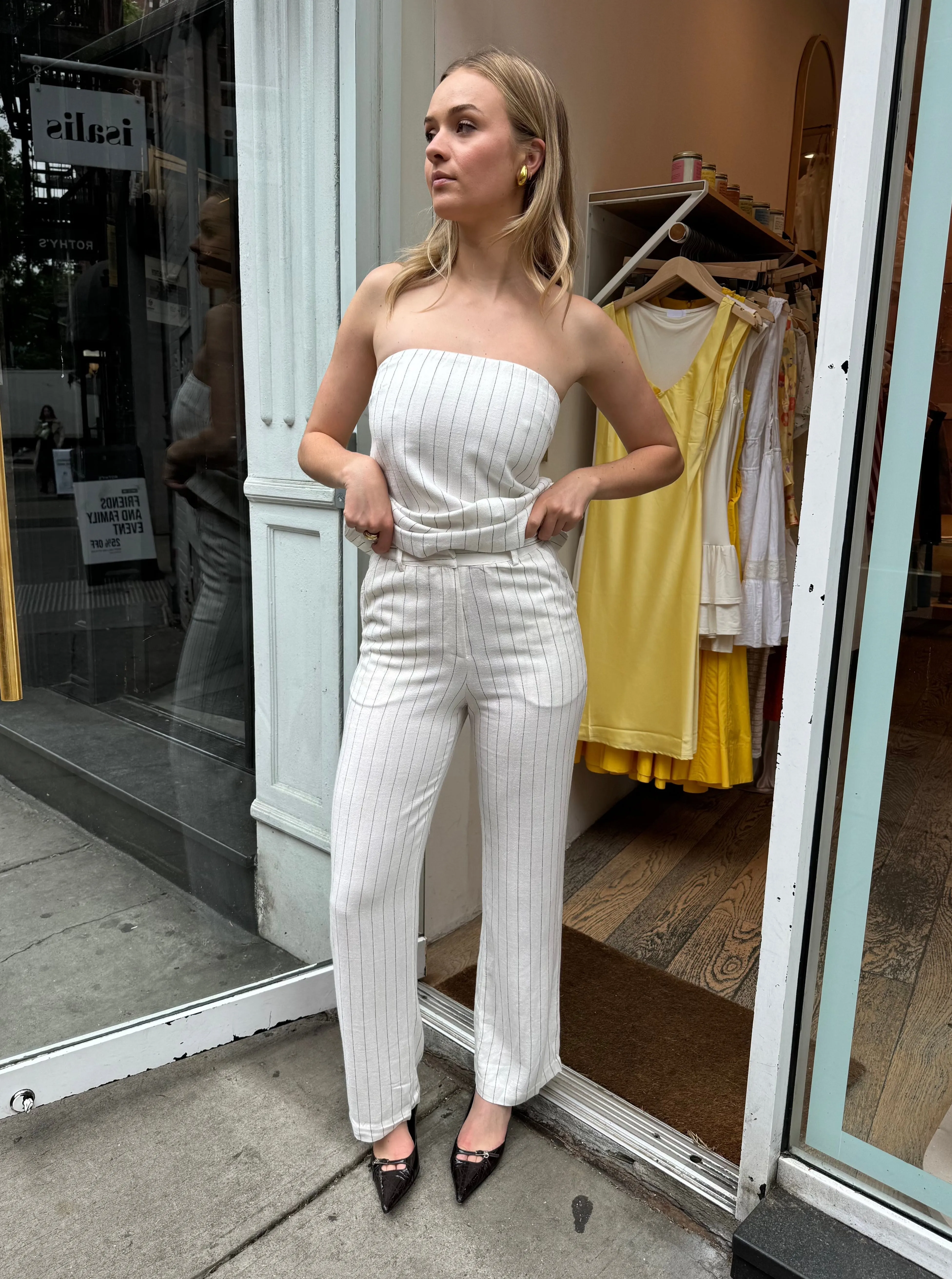 Arrow Linen Trouser in Ivory Black Pinstripe