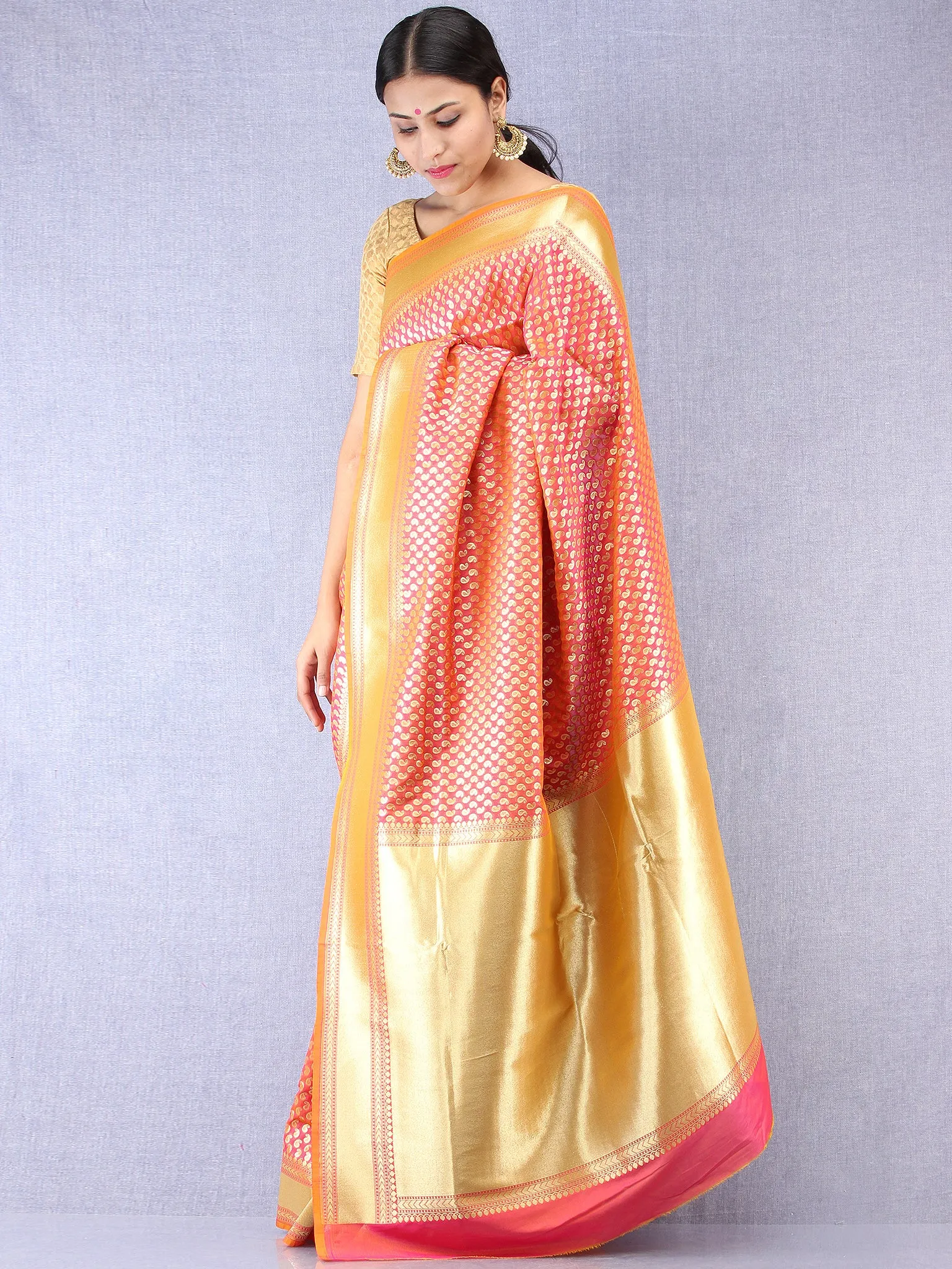 Banarasee Chanderi Silk Paisley Saree With Zari Border - Dual tone Orange Pink & Gold - S031704347