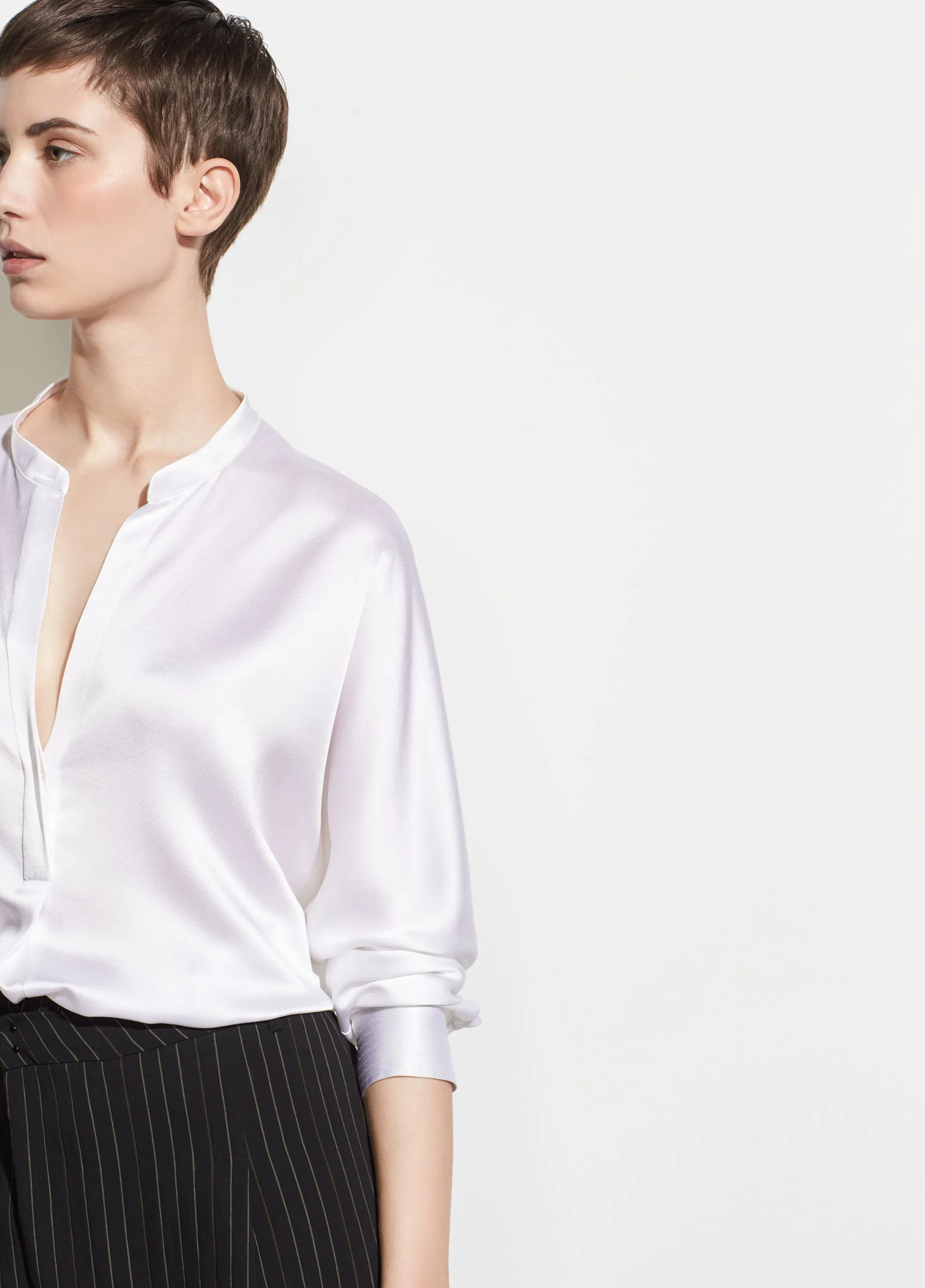 Band Collar Silk Blouse - Optic White