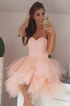 Beaded Corset Homecomng Dress with Ruffled Tulle Skirt