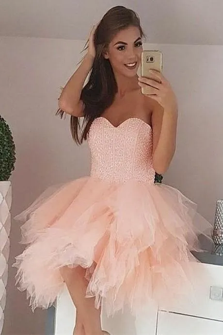Beaded Corset Homecomng Dress with Ruffled Tulle Skirt