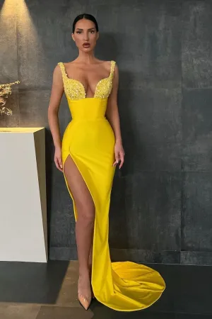 Beaded Yellow Prom Dresses with Side Split