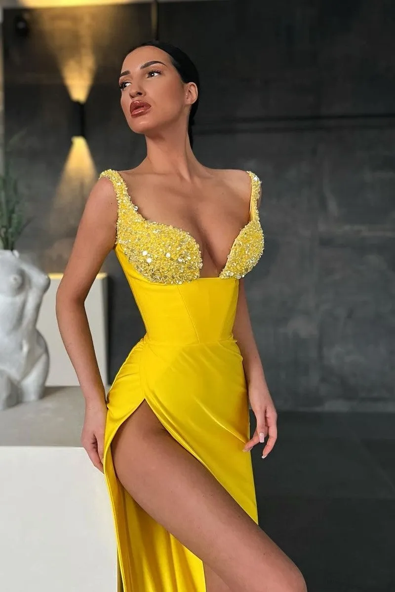 Beaded Yellow Prom Dresses with Side Split