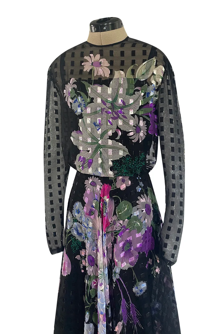 Beautiful 1970s Ted Lapidus Ribbon Weave Silk Chiffon Dress w Prettiest Floral Print
