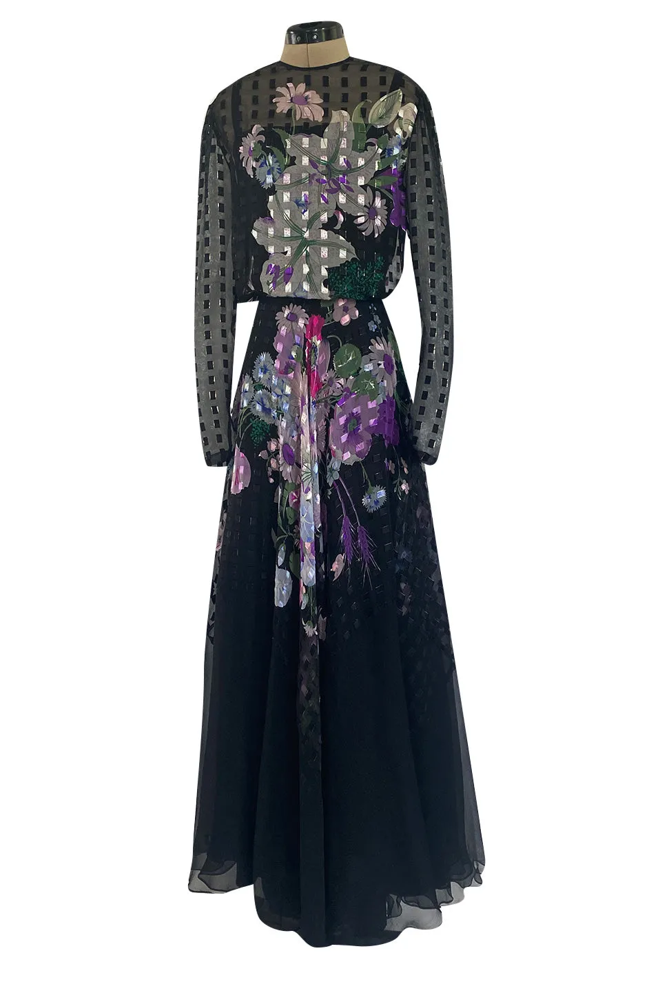 Beautiful 1970s Ted Lapidus Ribbon Weave Silk Chiffon Dress w Prettiest Floral Print