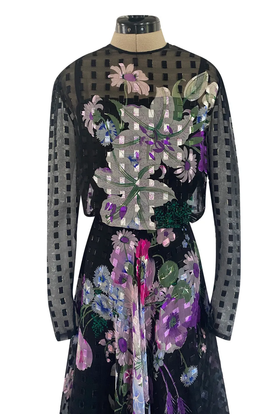 Beautiful 1970s Ted Lapidus Ribbon Weave Silk Chiffon Dress w Prettiest Floral Print