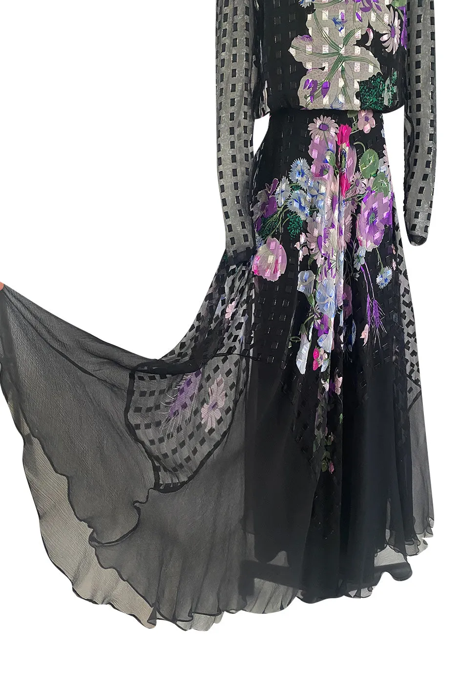 Beautiful 1970s Ted Lapidus Ribbon Weave Silk Chiffon Dress w Prettiest Floral Print