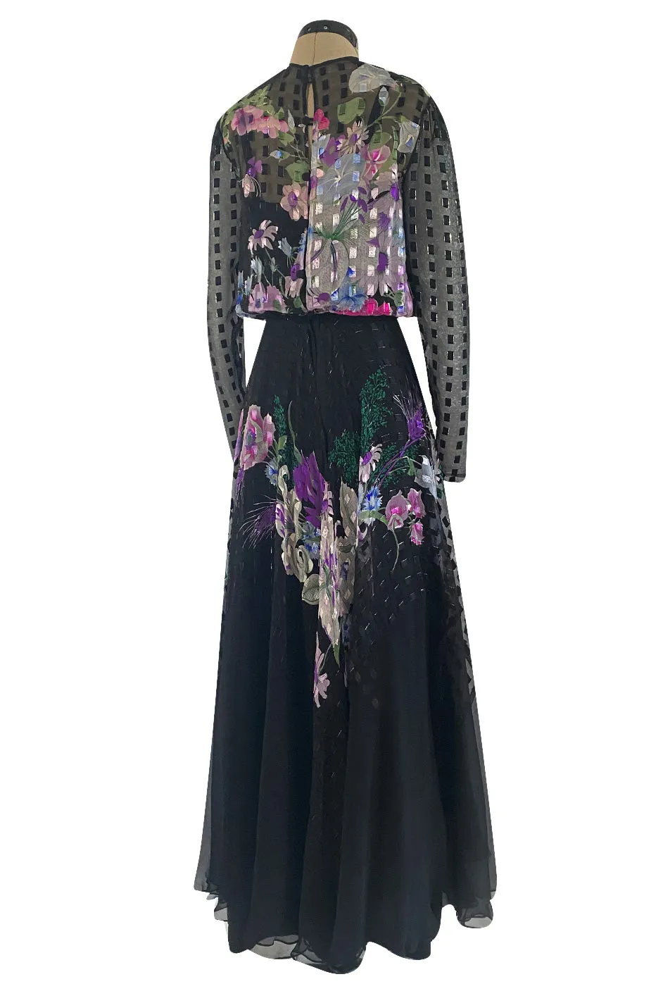 Beautiful 1970s Ted Lapidus Ribbon Weave Silk Chiffon Dress w Prettiest Floral Print