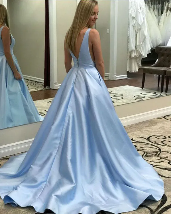 Beautiful Satin Long Prom Dresses V Neckline Pageant Gowns 2018 New Arrival