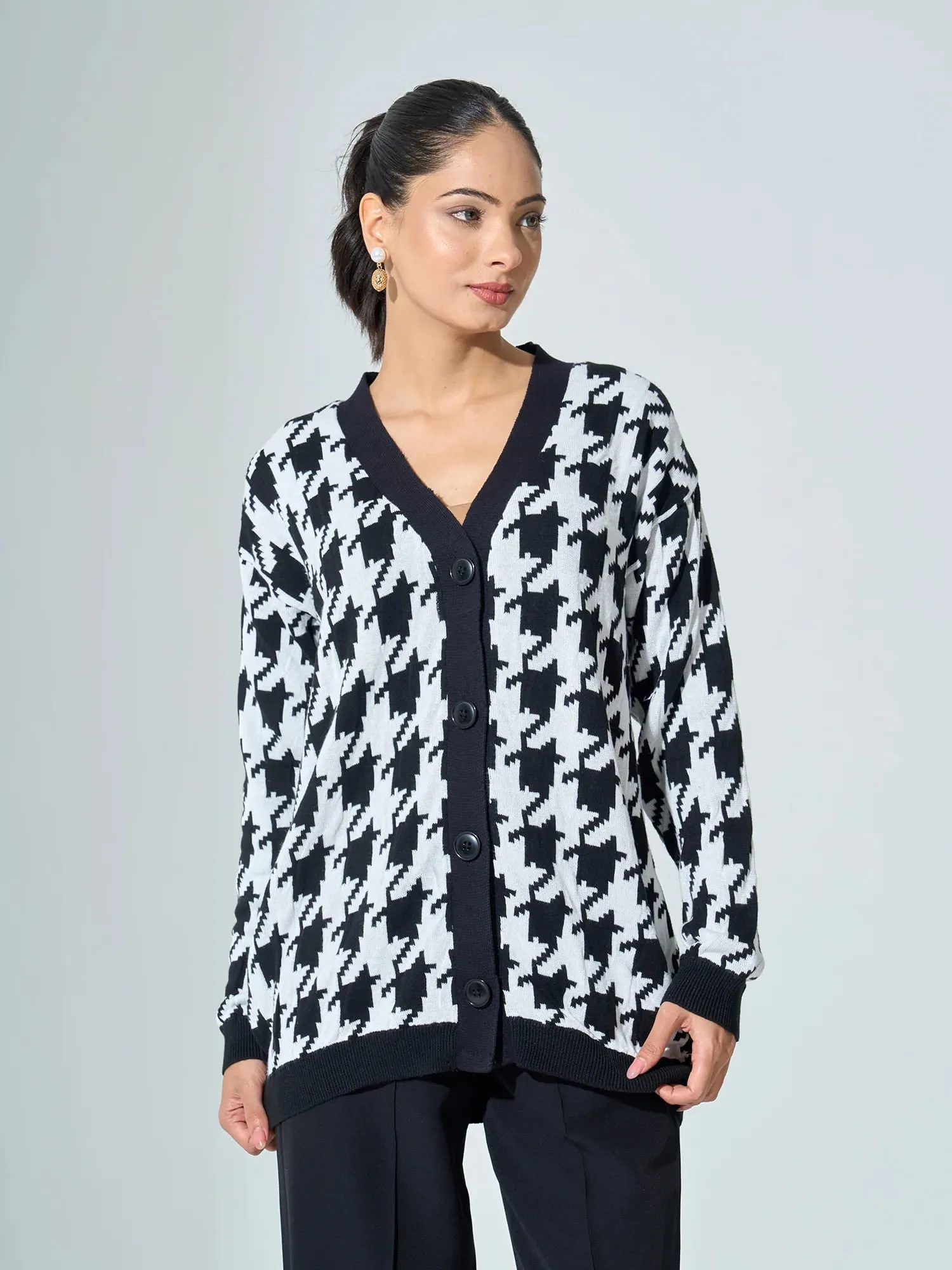 Bergen Houndstooth Knit Cardigan - Black &/White