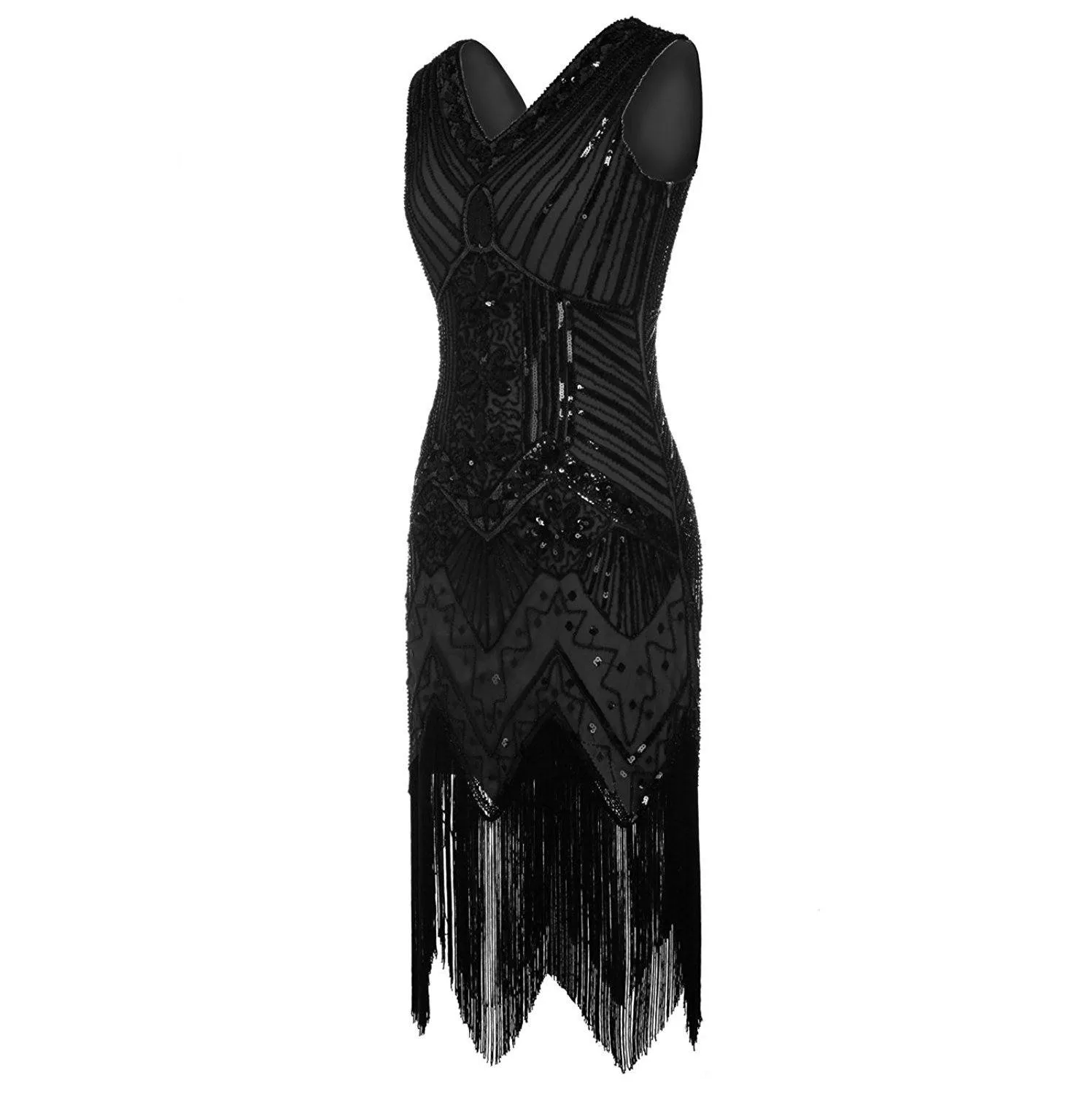 Black Vintage Gatsby Dress Beaded Fringed 1920s Evening Party|JaosWish