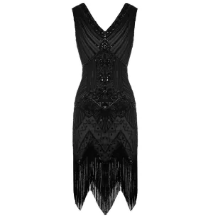 Black Vintage Gatsby Dress Beaded Fringed 1920s Evening Party|JaosWish