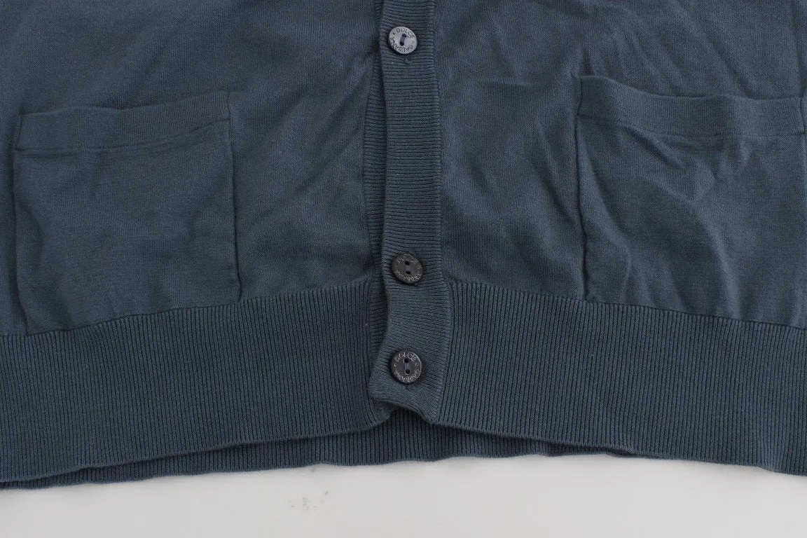 Blue Cotton Cashmere Cardigan Sweater