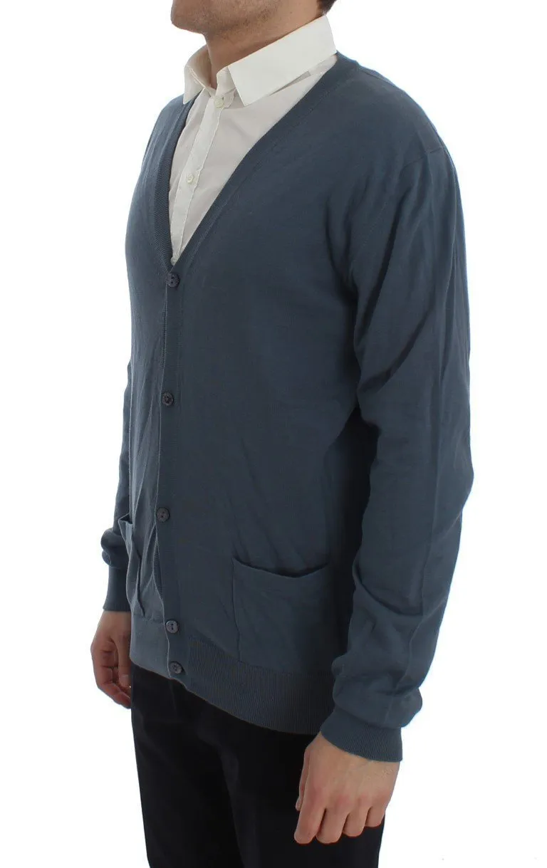 Blue Cotton Cashmere Cardigan Sweater