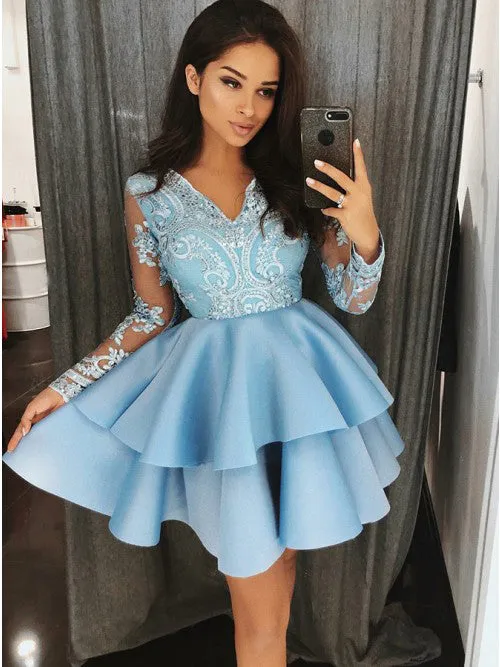 Blue Lace Satin Long Sleeves Cute Short Homecoming Dresses, BH120