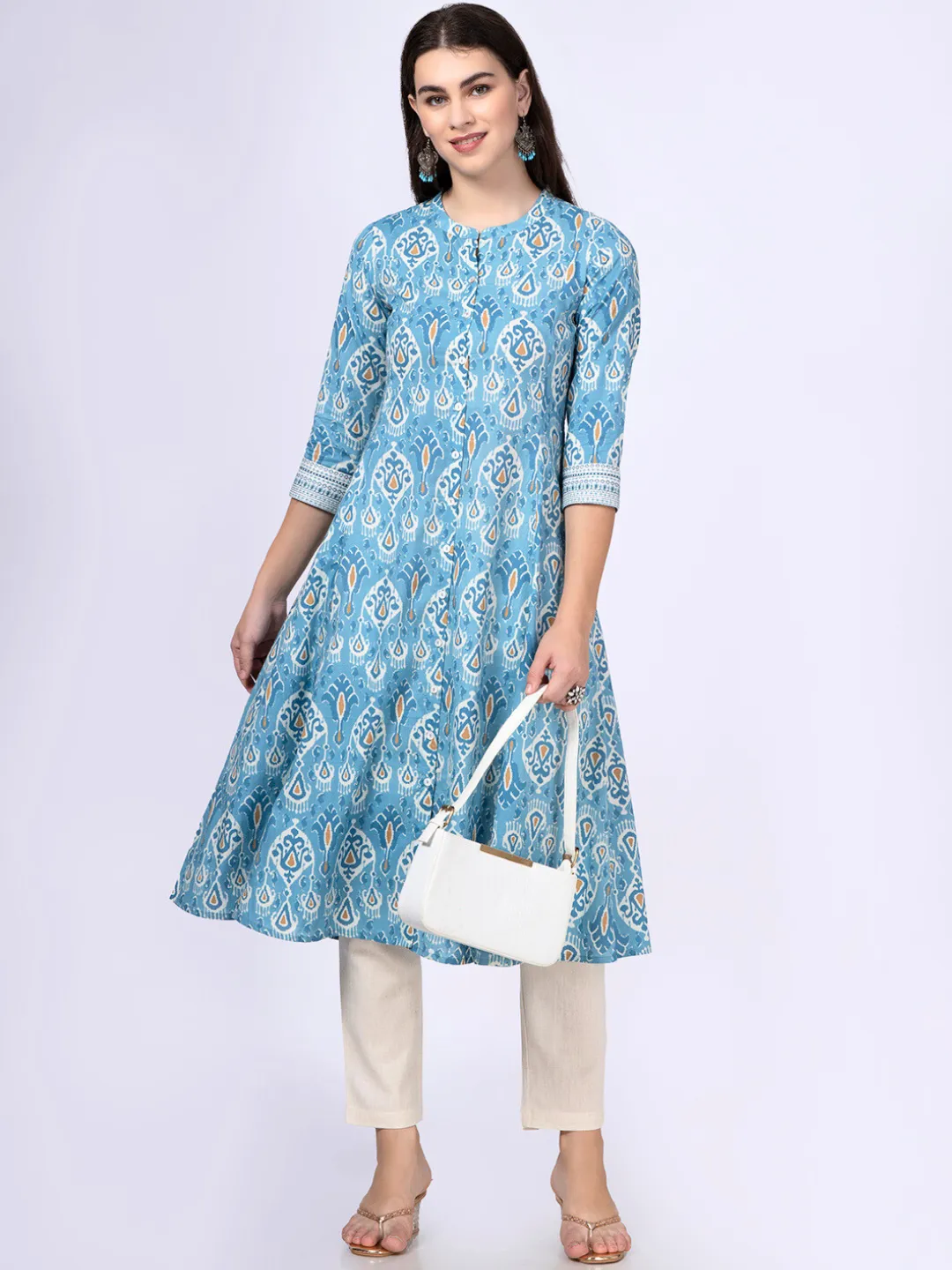Blue Patola Print Button-Down Cottton Kurta