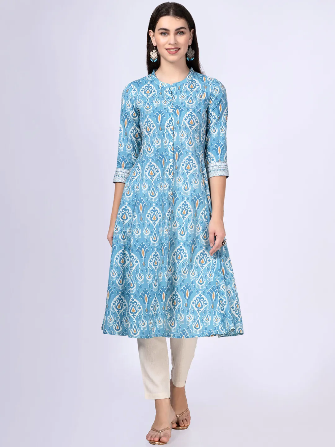 Blue Patola Print Button-Down Cottton Kurta