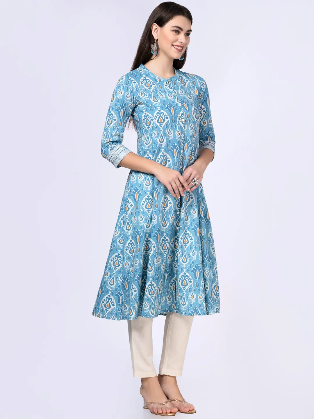 Blue Patola Print Button-Down Cottton Kurta