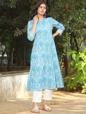 Blue Patola Print Button-Down Cottton Kurta