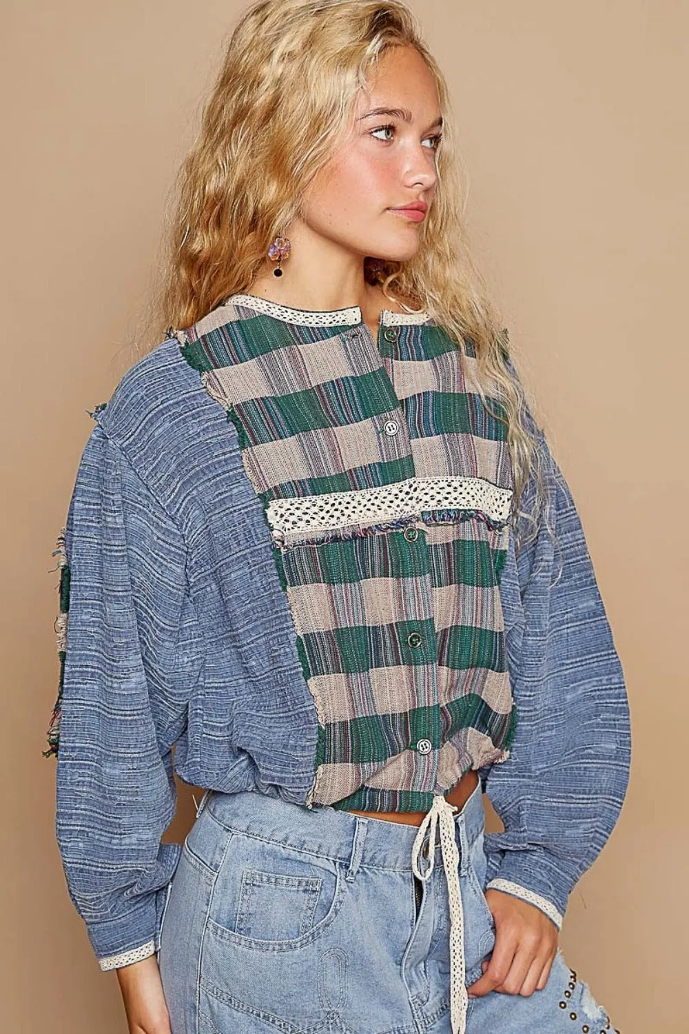 Blue Round Neck Long Sleeve Plaid Shirt