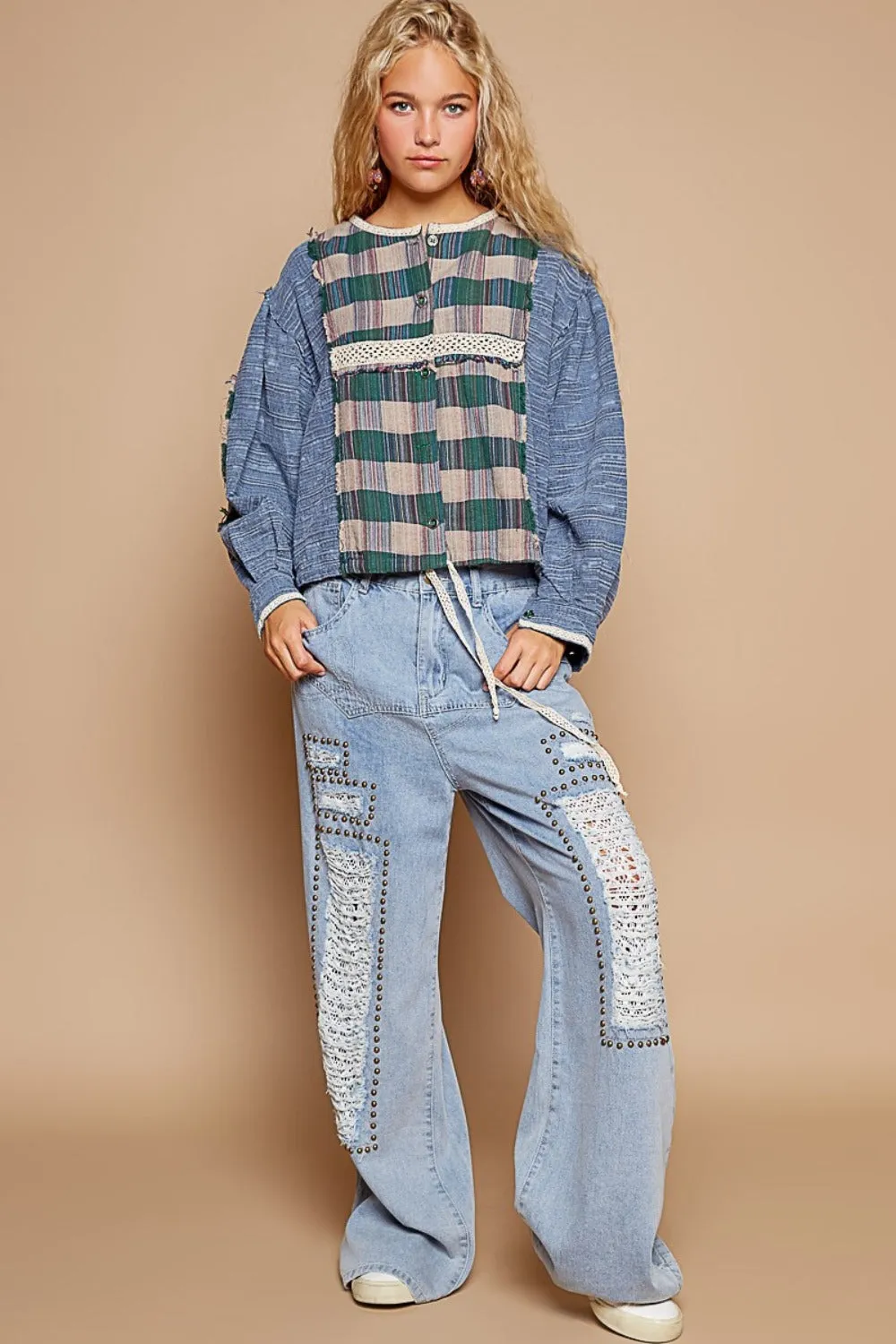 Blue Round Neck Long Sleeve Plaid Shirt