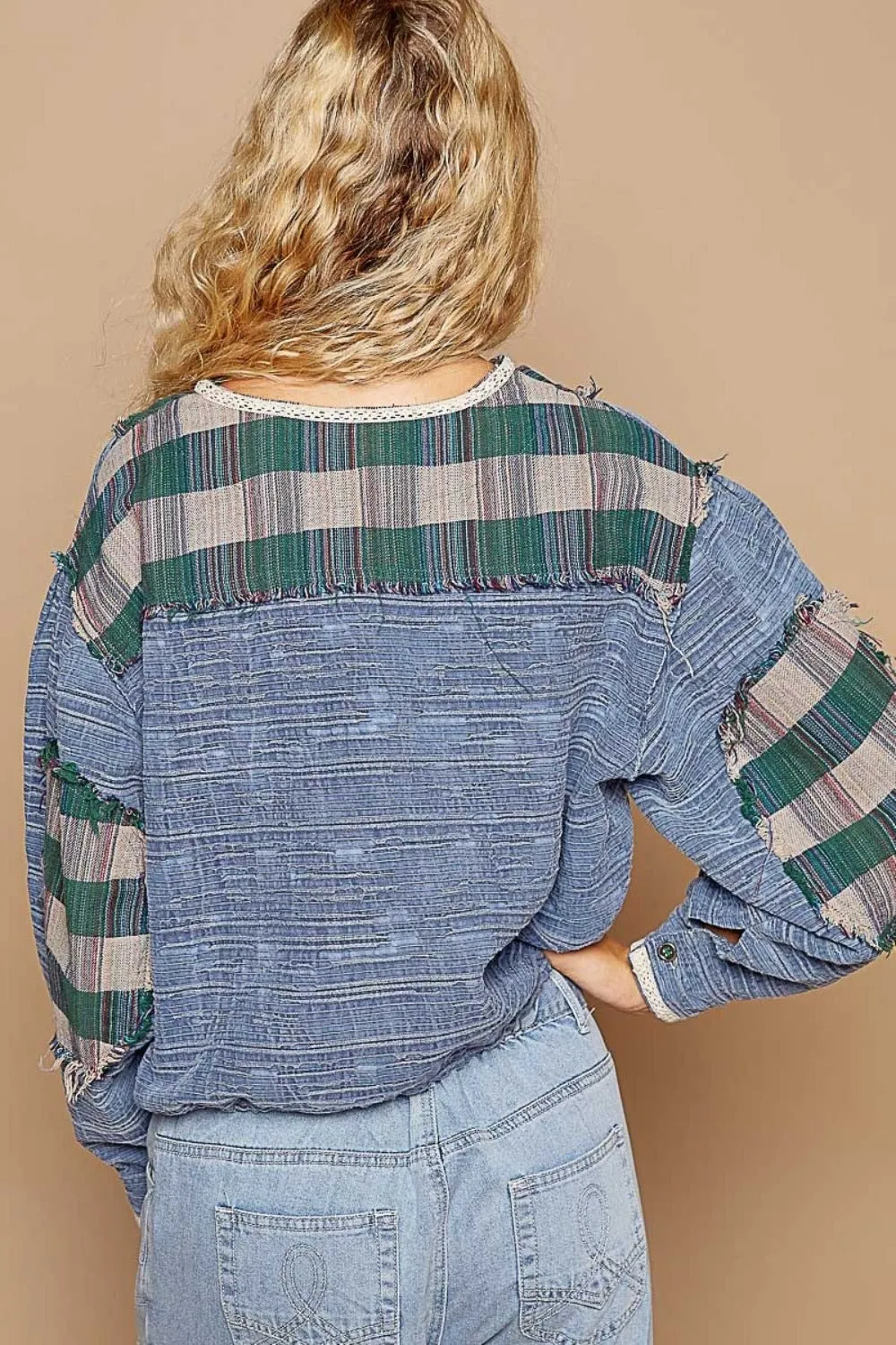 Blue Round Neck Long Sleeve Plaid Shirt