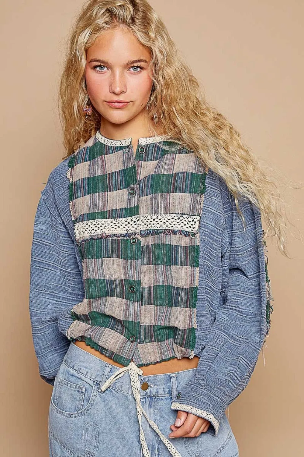 Blue Round Neck Long Sleeve Plaid Shirt