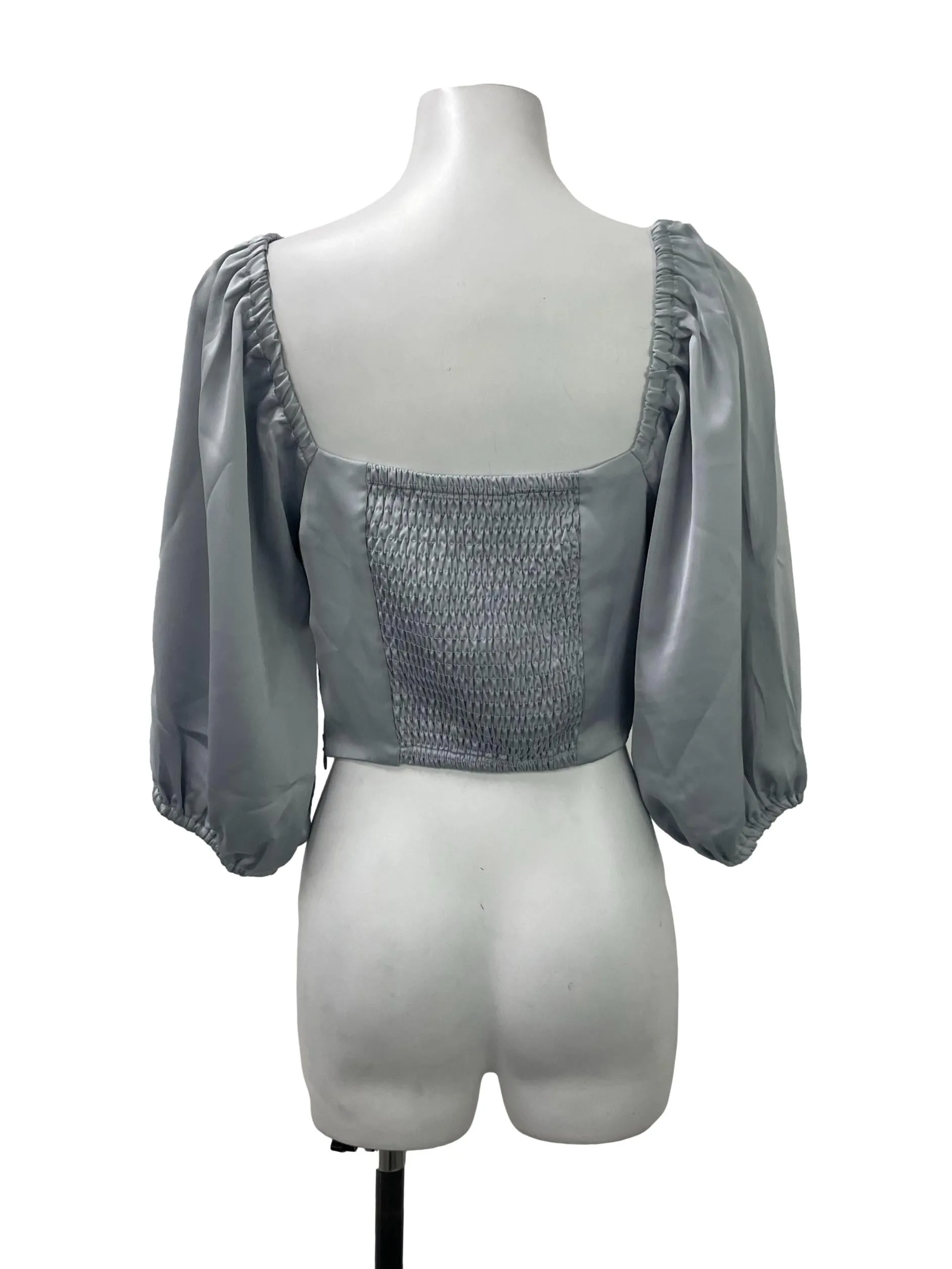 Blue Satin Pleated Puff Sleeve Top