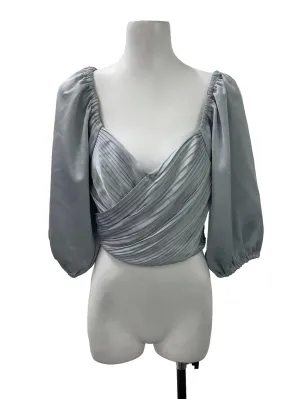 Blue Satin Pleated Puff Sleeve Top