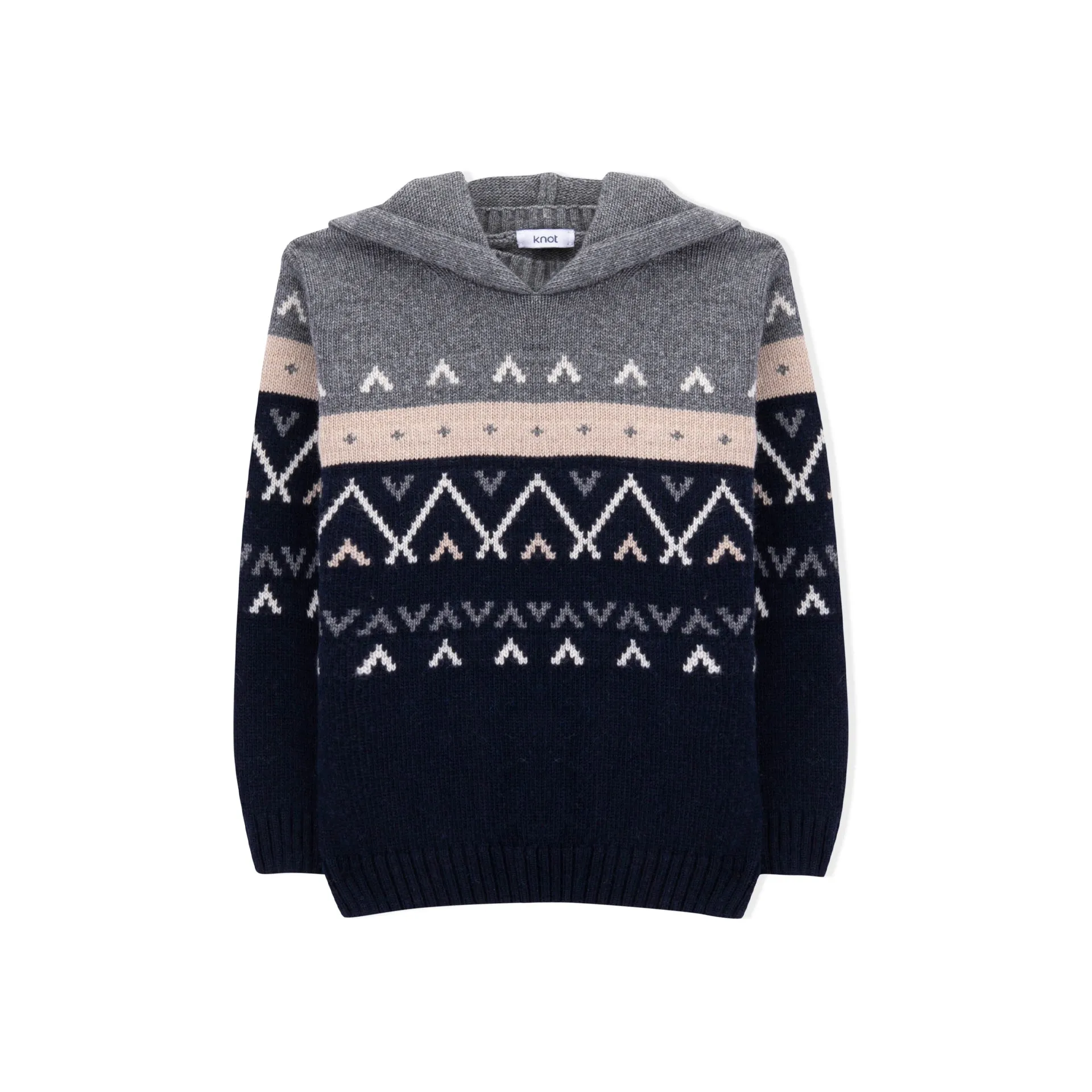 Boys Grey and Navy Blue Hooded Knitted Wool Jumper