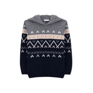Boys Grey and Navy Blue Hooded Knitted Wool Jumper