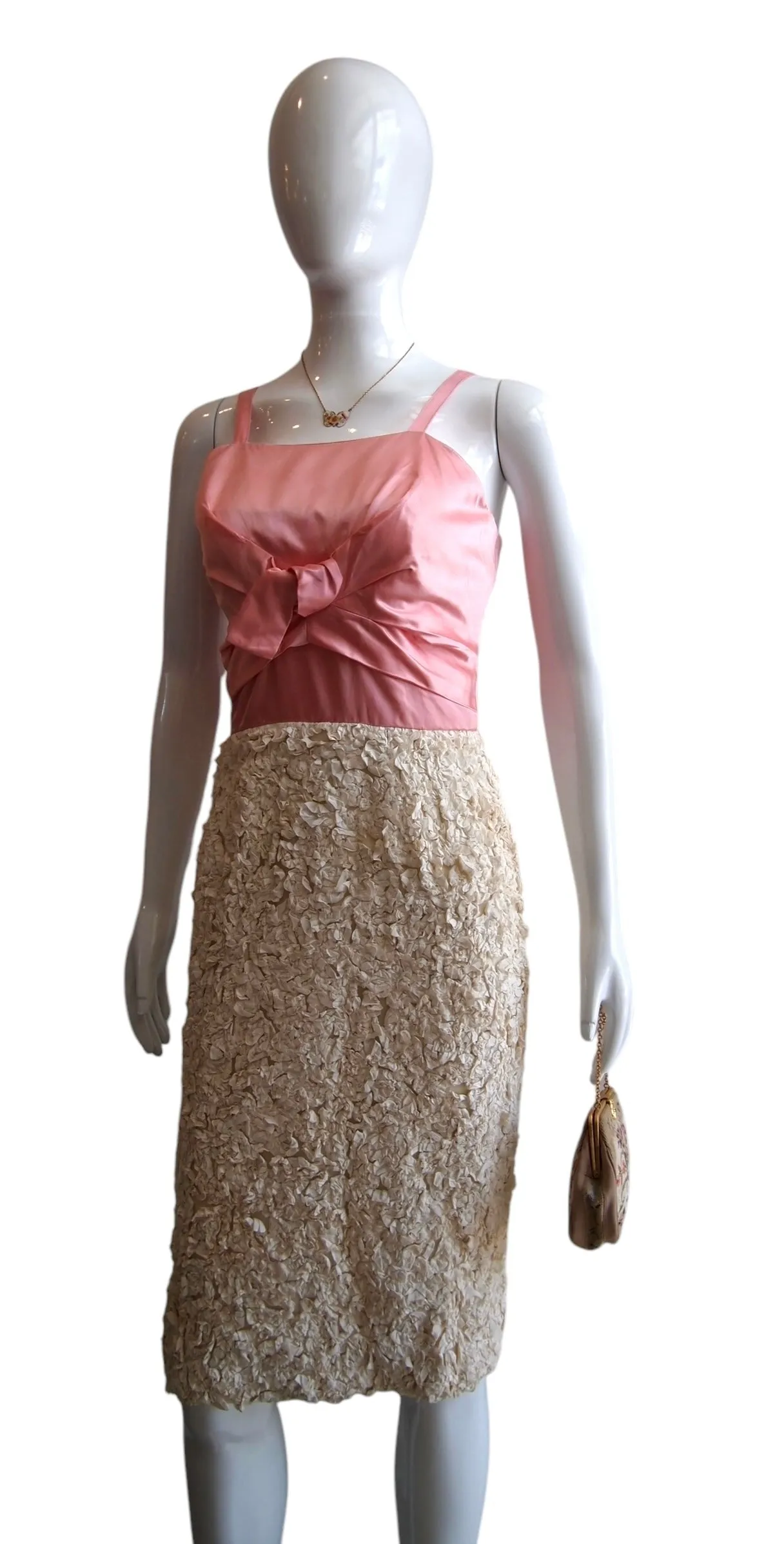 Bubbly Crinkly - 60s Bubblegum Pink Cream Quirky Textured Dress