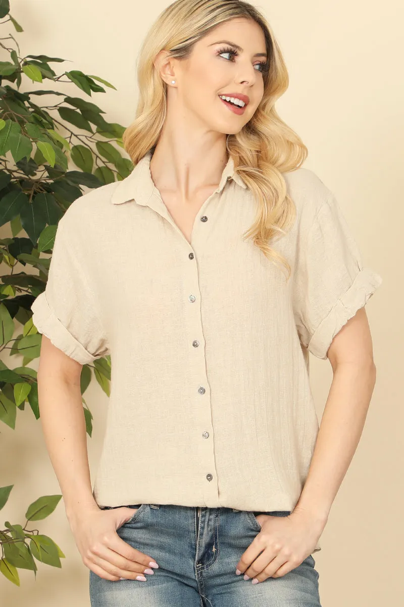 Button Detail Cuff Short Sleeve Top