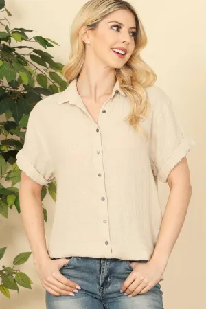 Button Detail Cuff Short Sleeve Top