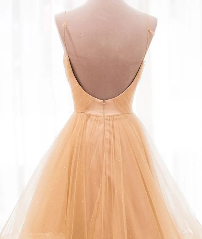 Champagne tulle long prom dress, champagne evening dress
