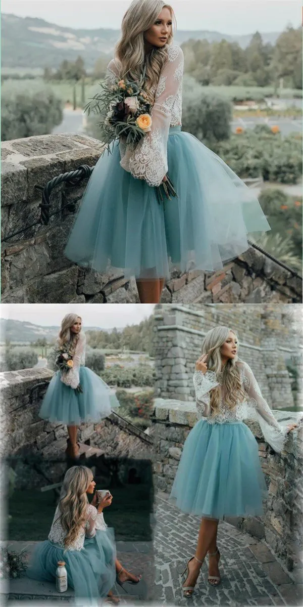 Cheap Tulle and Lace Two Pieces Blue Short Prom dress, Cocktail Homecoming Dress, PD0379
