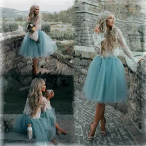Cheap Tulle and Lace Two Pieces Blue Short Prom dress, Cocktail Homecoming Dress, PD0379