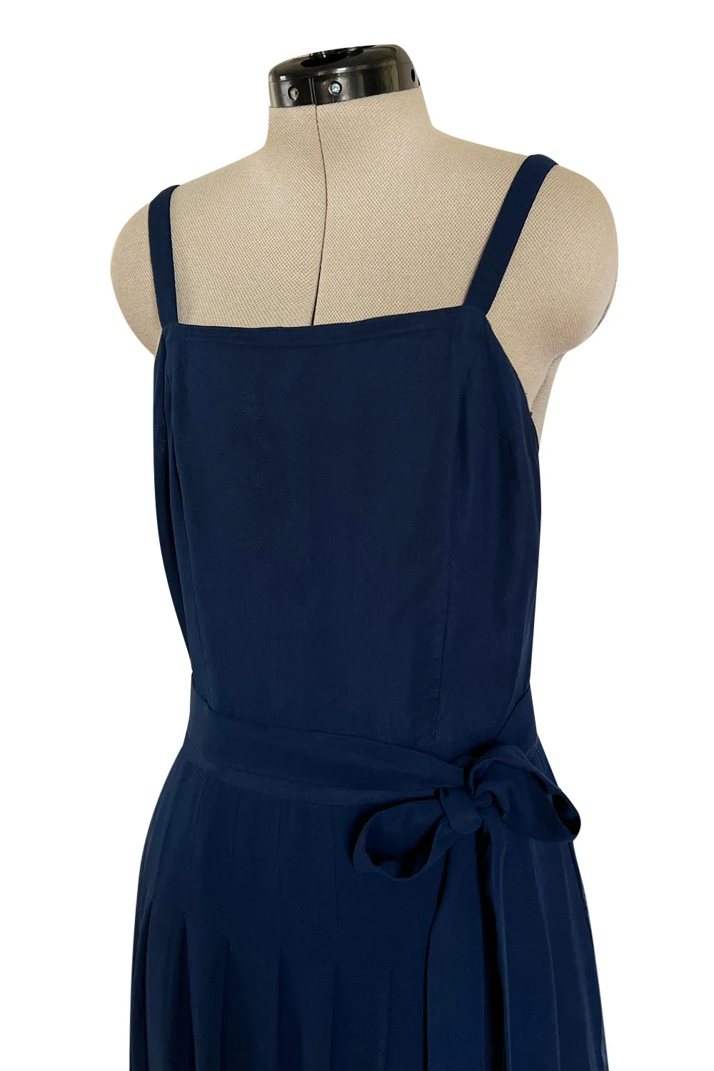 Chic 1970s Christian Dior by Marc Bohan Minimalist Blue Silk Chiffon Drop Waist Dress